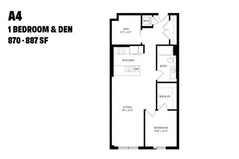 Floor plan for 1 bed, 1 bath, 870 sqft